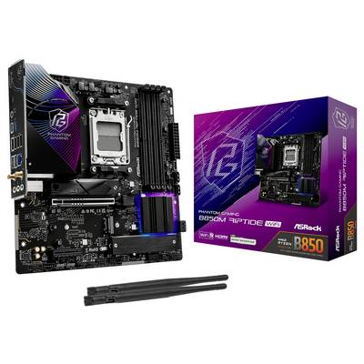 Carte mère ASRock B550M Riptide WiFi avec technologie moderne et éclairage RVB, comprenant l'emballage et les antennes.