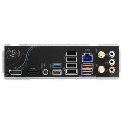 Arrière d'une carte mère d'ordinateur avec différents ports, comprenant USB, HDMI, port réseau et ports audio.