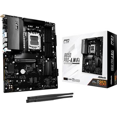 Illustration d'une carte mère ASRock B650 PRO-A WiFi à côté de son emballage. La carte mère présente de nombreux ports et composants.