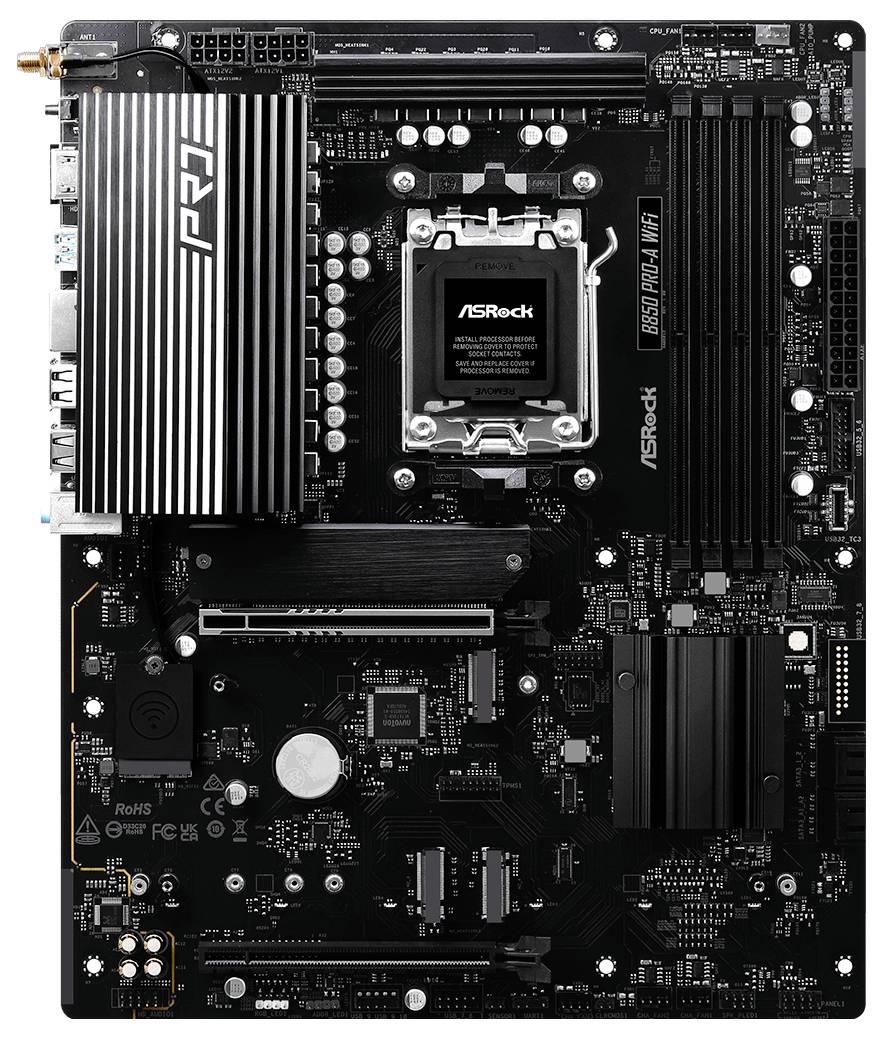 Une carte mère ASRock avec socket CPU, emplacements RAM et plusieurs ports. Adaptée aux configurations informatiques hautes performances.