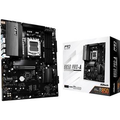 Carte mère ASRock B650 Pro-A et son emballage. Compatible avec les processeurs AMD Ryzen. Carte noire avec plusieurs connecteurs et un dissipateur thermique. L'emballage présente les spécifications techniques.