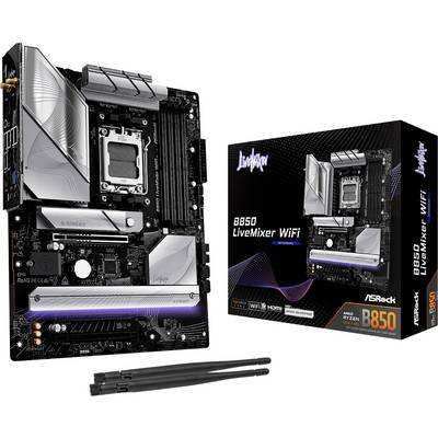 Carte mère ASRock B650 LiveMixer WiFi avec emballage et antennes. Compatible avec les processeurs Ryzen, WiFi 6E et prête pour Windows 11.
