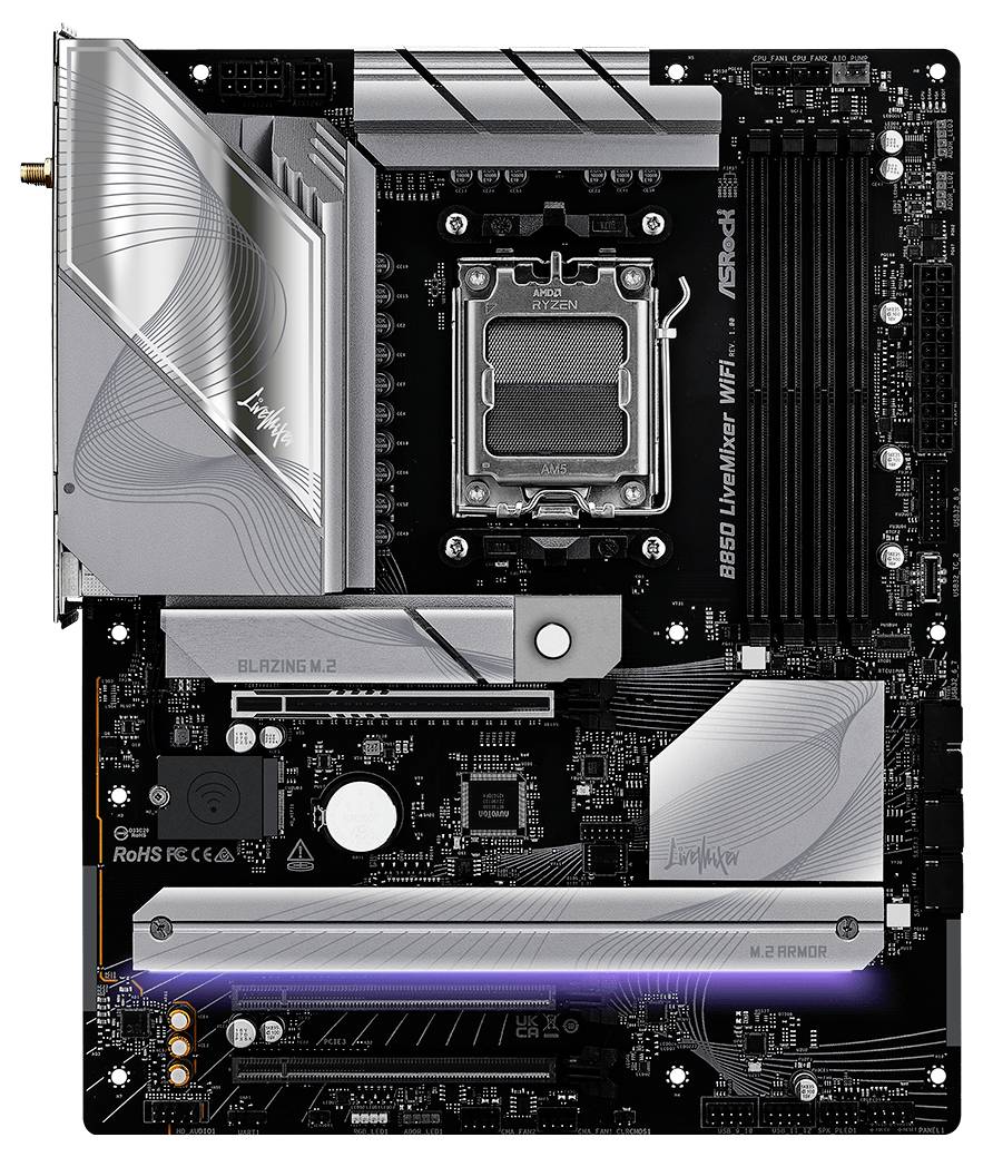Une carte mère argentée avec différentes connexions et un socket CPU central. En haut à gauche, l'inscription 'B760M LIVE MIXER'.