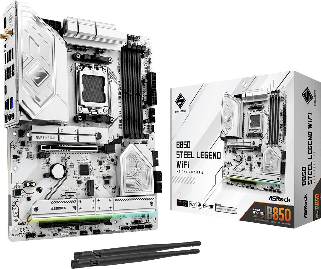 Carte mère ASRock B550 Steel Legend WiFi et son emballage, design blanc et noir avec éclairage RGB. Compatible avec les processeurs AMD Ryzen.