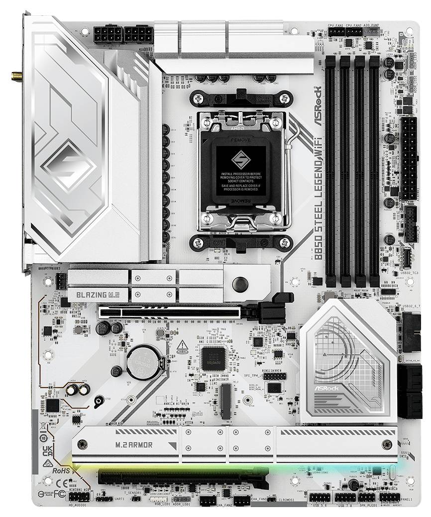 Une carte mère blanche pour ordinateur avec plusieurs emplacements et puces, marquée 'B650 Steel Legend WiFi', présentant un design moderne.