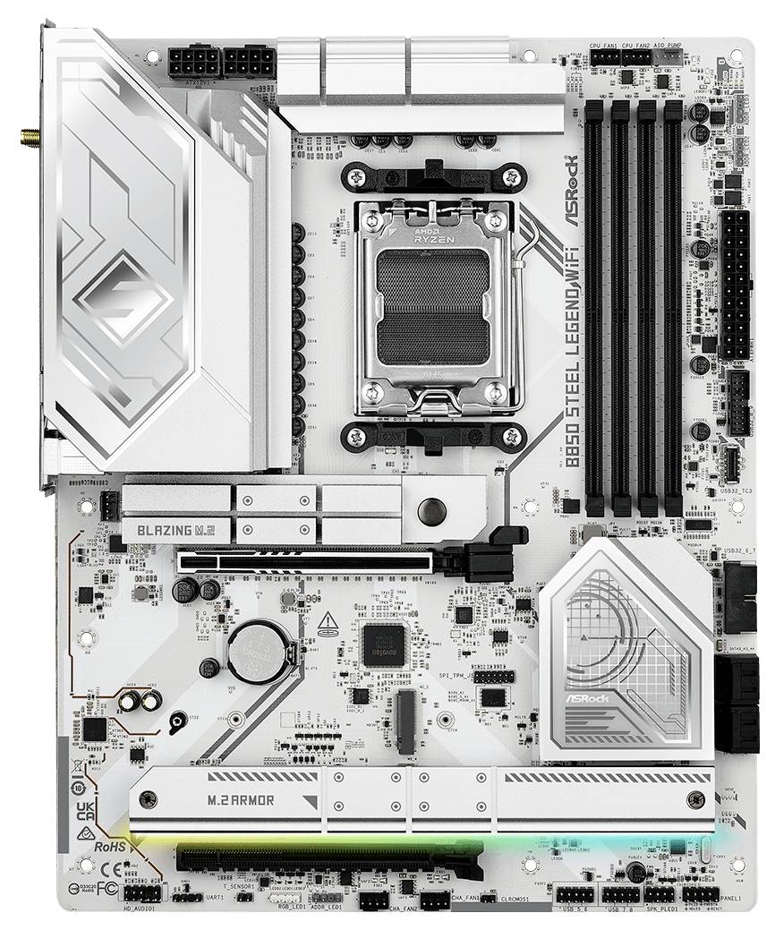Carte mère Asus ASRock B560 Steel Legend WiFi avec socket LGA 1200, banques de mémoire et emplacements PCIe sur une platine blanche.
