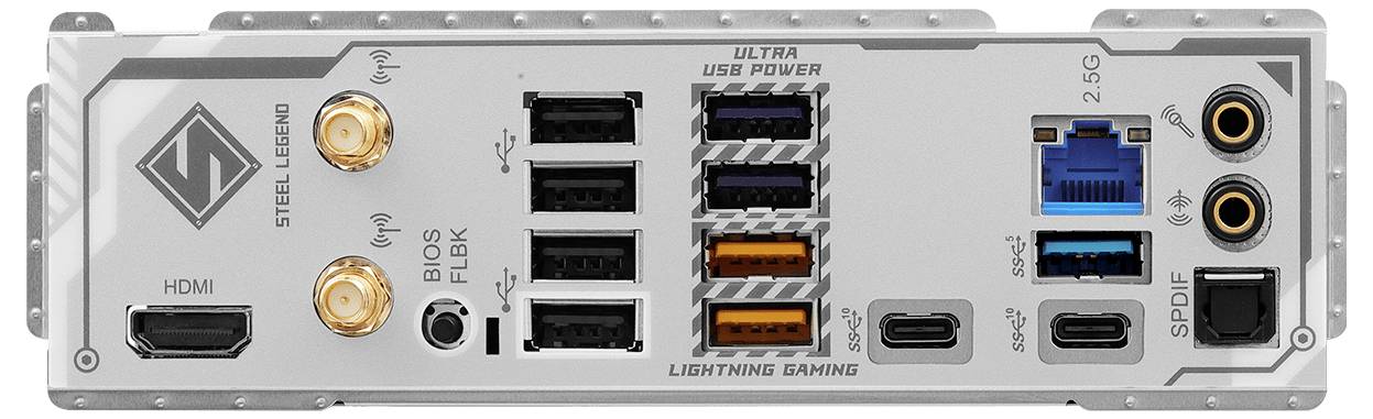Panneau arrière d'une carte mère d'ordinateur avec ports HDMI, ports USB, Ethernet, bouton BIOS, connecteurs audio et étiquette 'Steel Legend'.