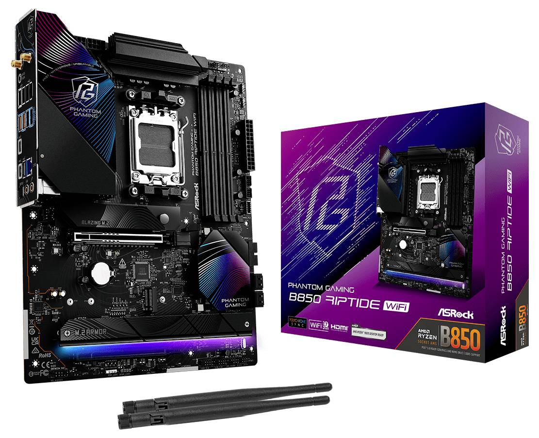 Une carte mère ASRock B650 Riptide WiFi à côté de son emballage. La carte mère dispose de plusieurs emplacements d'extension et de dissipateurs thermiques.