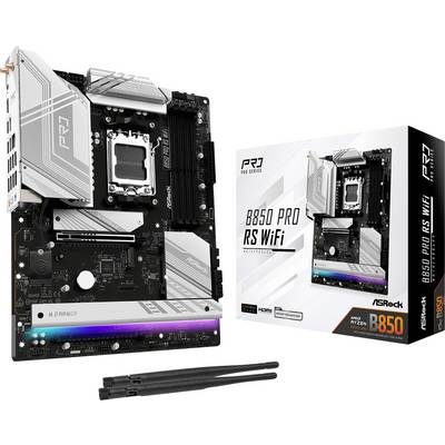Une carte mère ASRock B650 PRO RS WiFi à côté de son emballage. La livraison comprend une antenne et la fonctionnalité Wi-Fi.