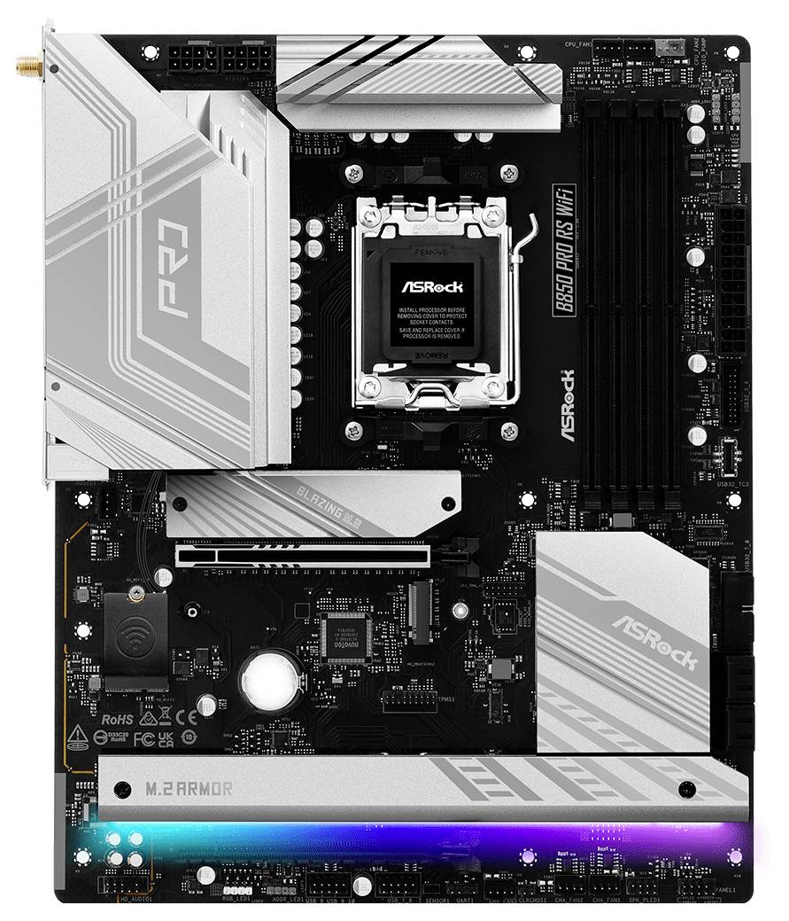 Carte mère ASRock noire avec des dissipateurs thermiques argentés pour le CPU et la RAM, ainsi qu'un éclairage RGB sur le bord inférieur.