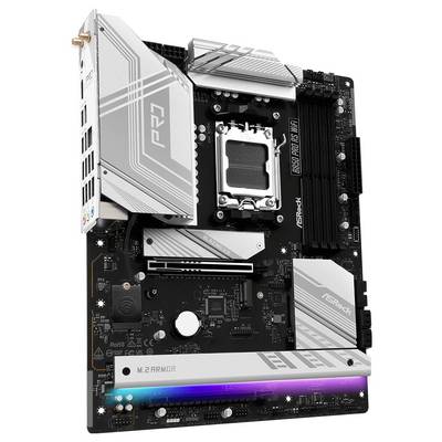 Carte mère avec des couvercles argentés, plusieurs emplacements PCIe, des slots RAM et un couvercle M.2 avec éclairage RVB. Logo de marque 'ASRock'.