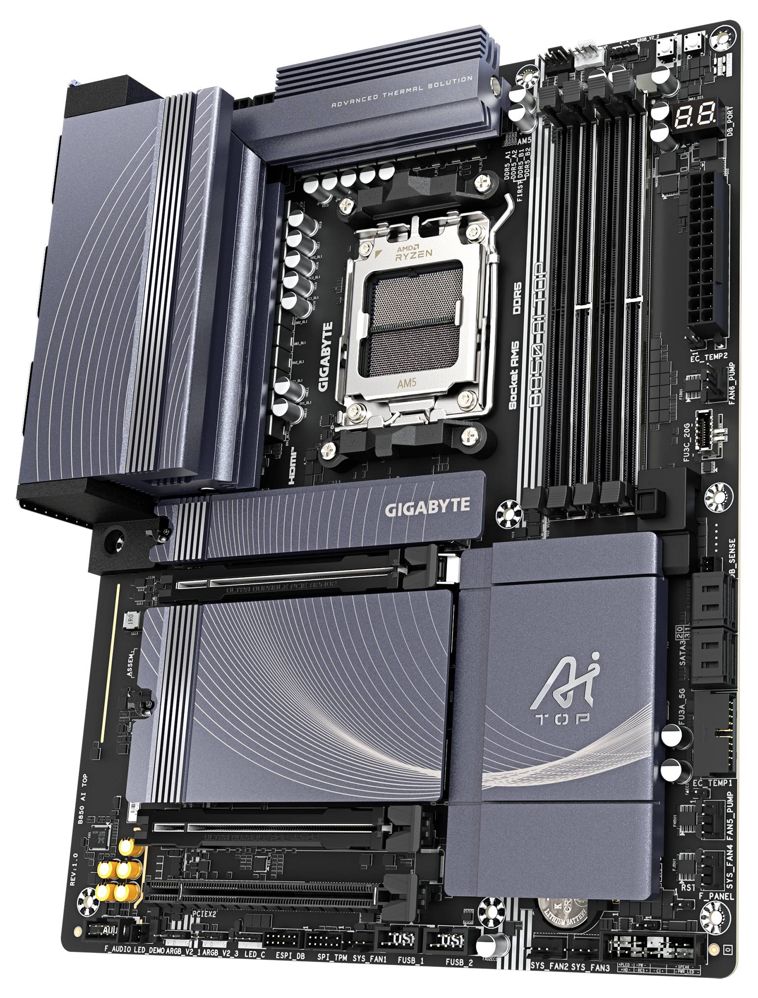 Une carte mère avec plusieurs emplacements pour RAM, un socket CPU et différents ports. Le nom de la marque et le modèle sont identifiables.