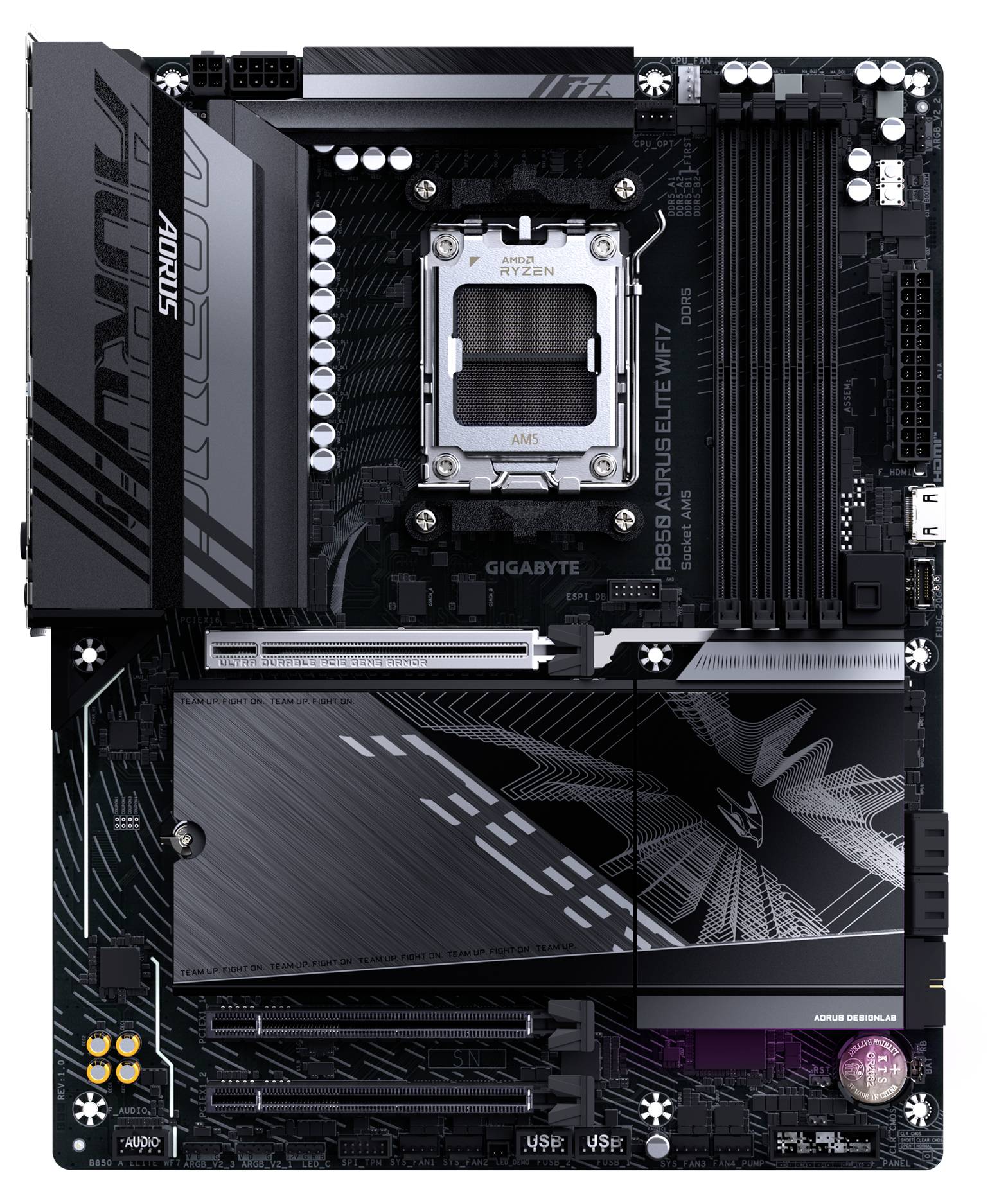 Une carte mère Gigabyte avec plusieurs emplacements RAM, un socket CPU pour AMD Ryzen, des dissipateurs thermiques et différents ports, modèle B550 AORUS ELITE WIFI.