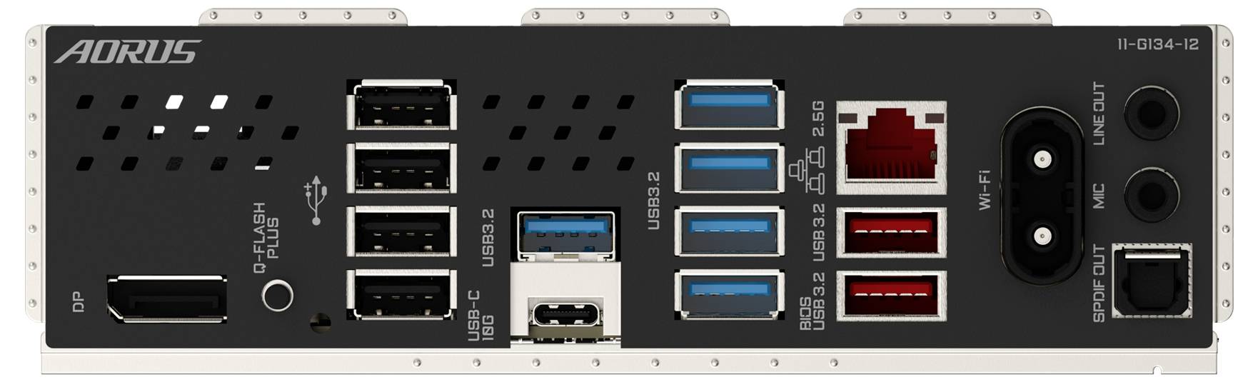 Panneau de connexion d'une carte mère avec ports USB, HDMI, réseau et audio, portant l'étiquette 'AORUS'.