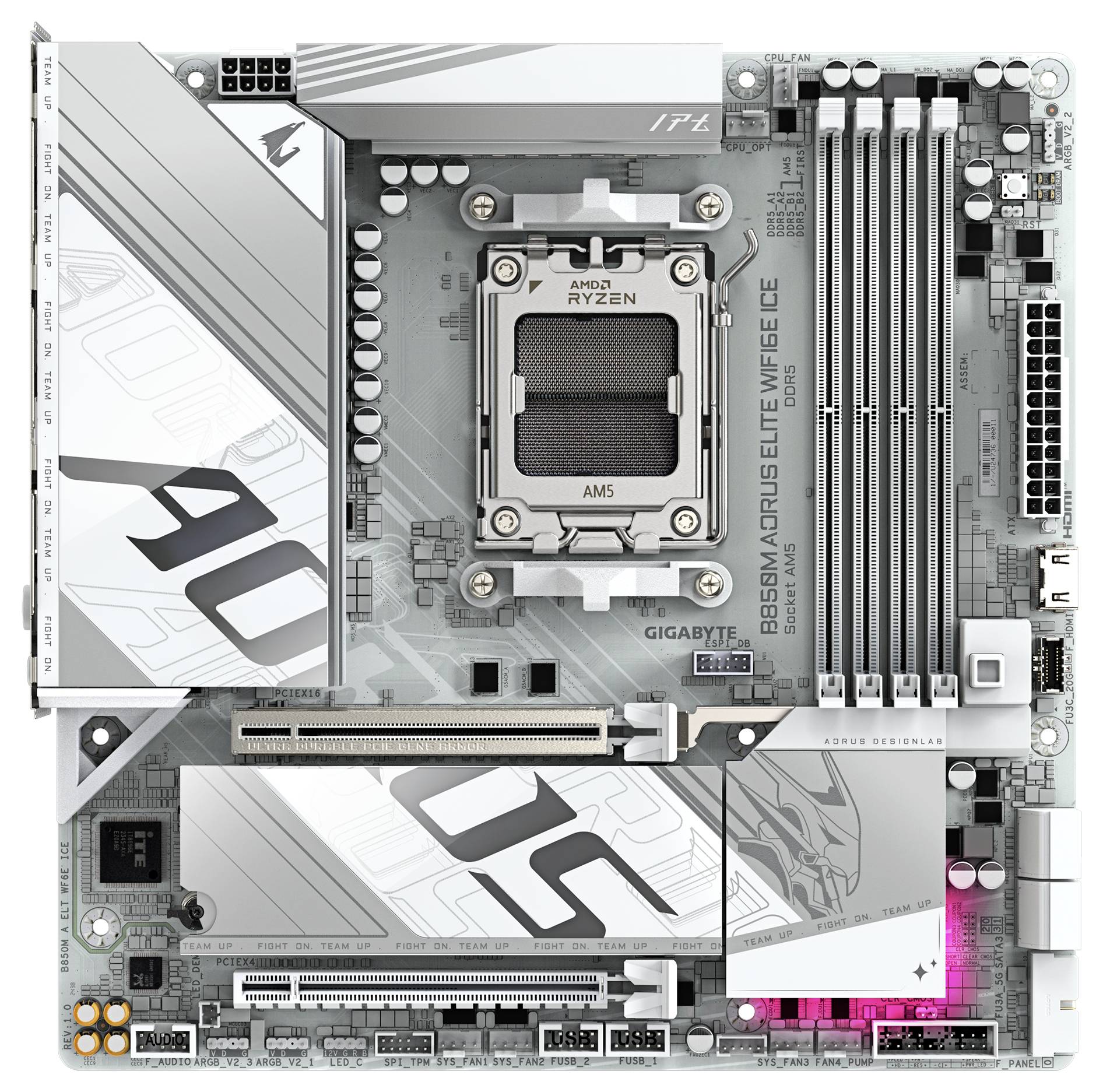 Carte mère au format ATX avec socket AM5 pour processeurs AMD Ryzen, quatre emplacements RAM DDR5, emplacement PCIe et design gris avec des touches blanches.