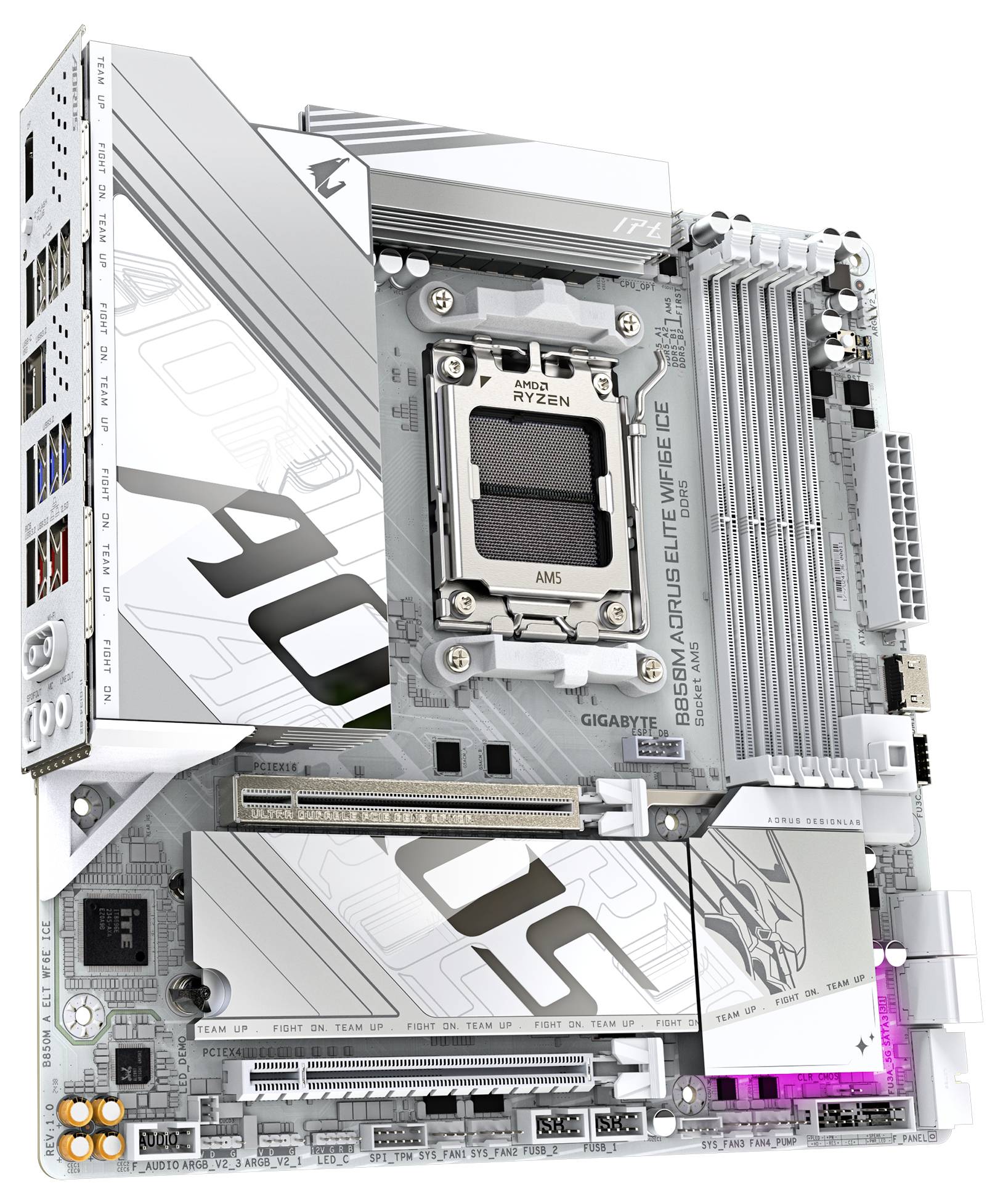 Carte mère avec socket AMD et design argenté, incluant divers ports et emplacements pour composants. Compatible avec les processeurs Ryzen.