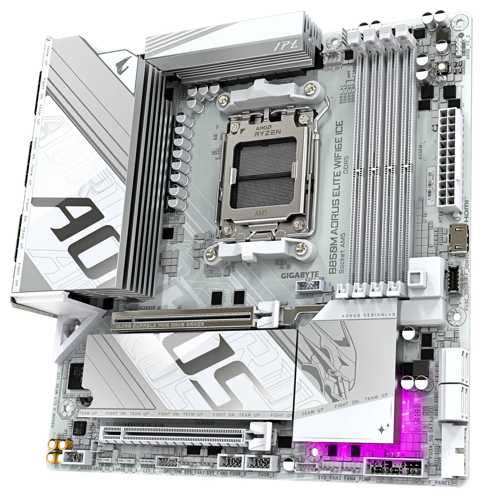 Une carte mère blanche avec un socket AMD AM4, quatre emplacements RAM, des emplacements PCIe et des dissipateurs thermiques. Des LED s'illuminent en rose.