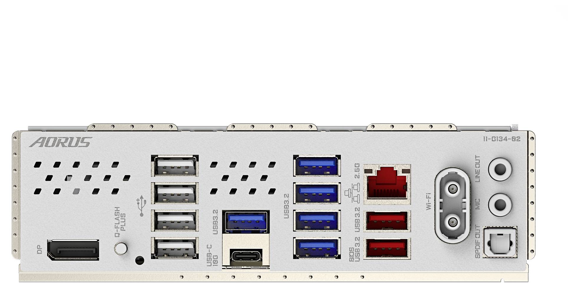 Arrière d'une carte mère avec différents ports : 6 ports USB, 2 ports HDMI, connexions audio, interface réseau.