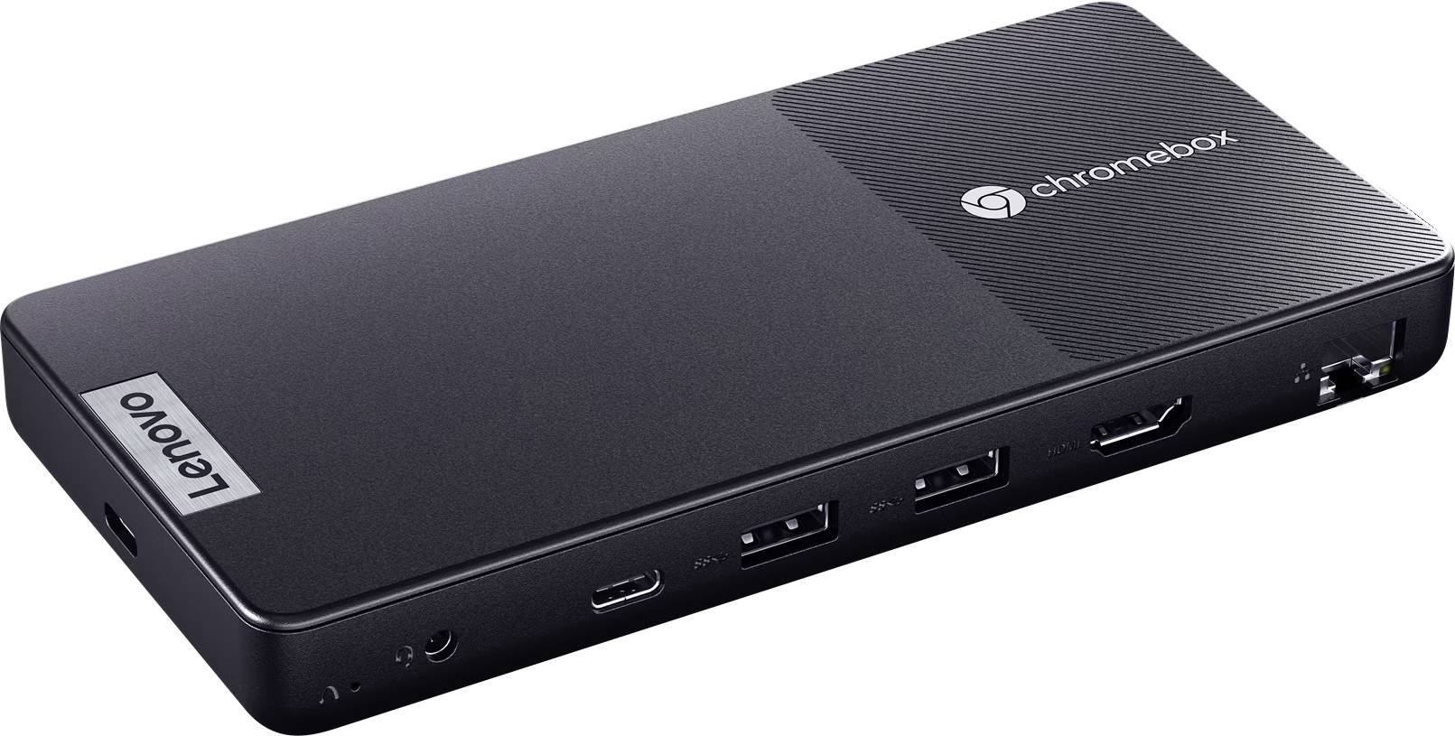 Un Chromebox Lenovo noir avec différents ports, notamment USB, HDMI et audio. L'appareil est compact et rectangulaire.