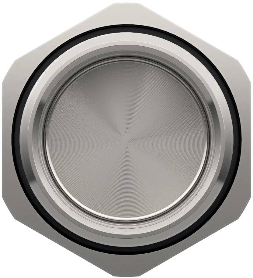 Gros plan d'un bouton rotatif rond en métal avec de fins cercles concentriques.