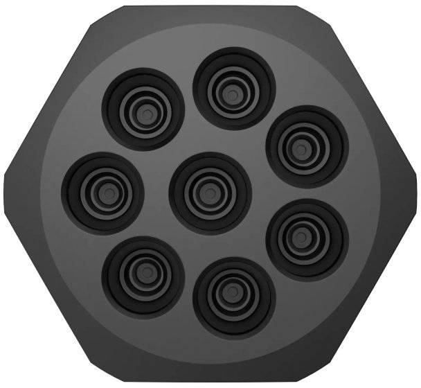 'Huit cercles concentriques dans un motif hexagonal rappelant une structure de ruche, sur un fond gris.'