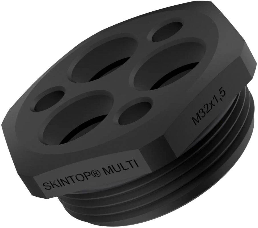 Un passe-câbles noir avec plusieurs ouvertures, étiqueté 'SKINTOP® MULTI' et de taille 'M32x1.5'.