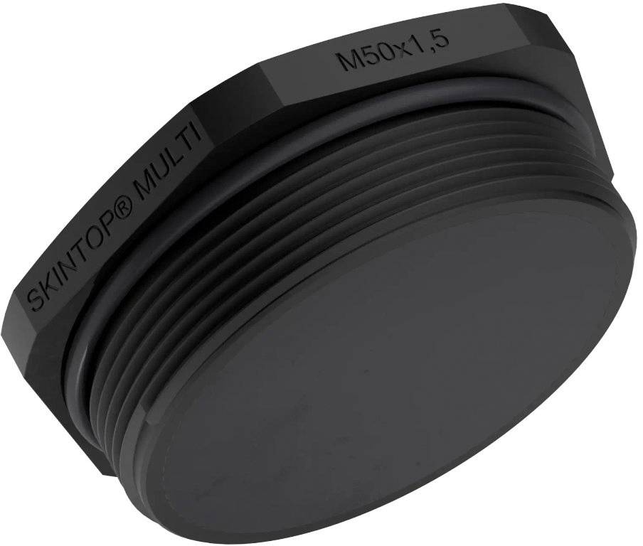 Bouchon en plastique noir portant l'inscription « SKINTOP® MULTI M50x1.5 », utilisé pour l'étanchéité des câbles et leur montage sécurisé dans les appareils.