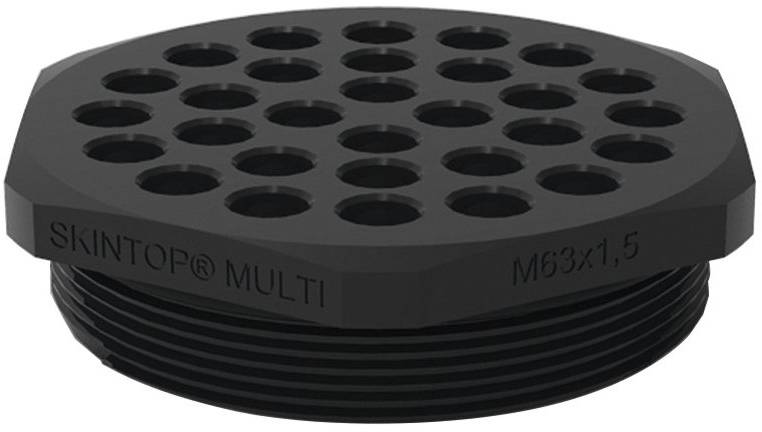 Élément de presse-étoupe rond, noir, avec plusieurs trous pour le guidage des câbles. Inscription : 'SKINTOP® MULTI M63x1,5'.