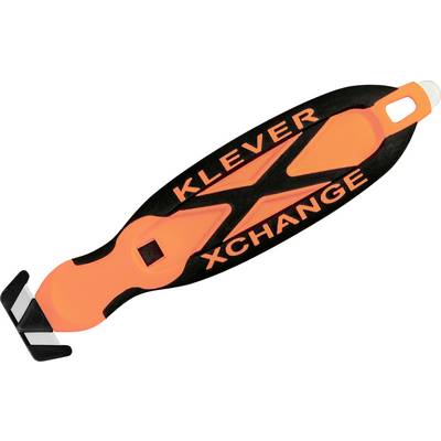 'Couteau de sécurité orange portant l'inscription KLEVER XCHANGE, manche noir, lame interchangeable, adapté pour couper des emballages.'