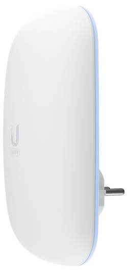 Appareil blanc Wi-Fi enfichable avec des coins arrondis et une bande lumineuse bleue sur le bord.