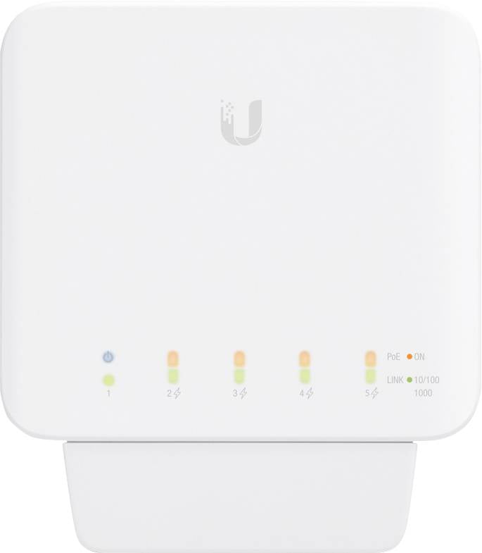 Console réseau blanche avec cinq LED numérotées et logo en 'U'. Les LED indiquent l'état de fonctionnement et de connexion.
