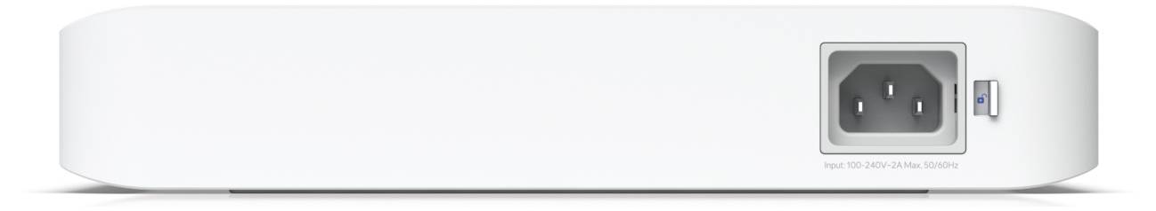 Vue arrière d'un appareil réseau blanc avec connexion d'alimentation et port USB.