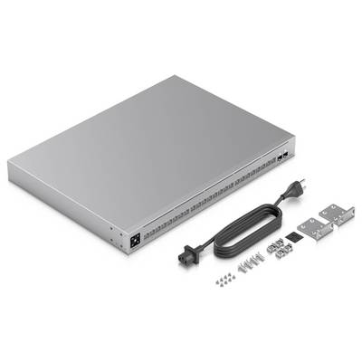 Switch réseau gris avec câbles, supports et vis pour l'installation.