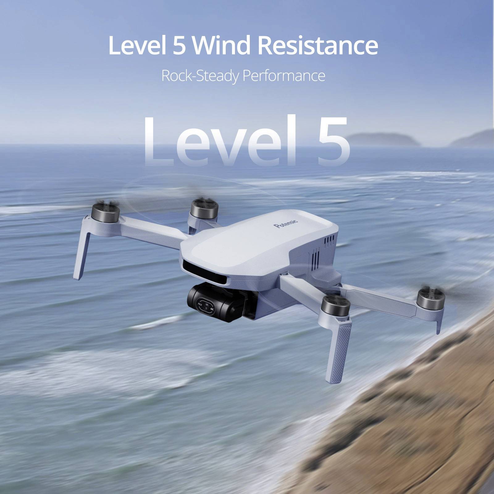 Un drone survole un paysage côtier avec l'inscription « Résistance au vent niveau 5, Performance ultra-stable ».