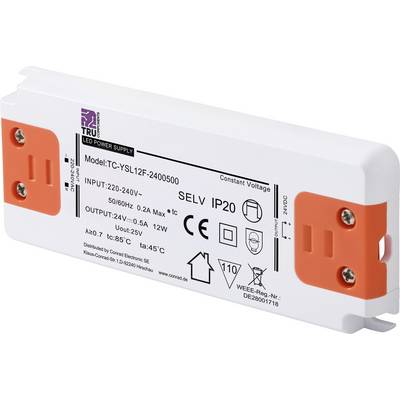 Alimentation pour LED avec numéro de modèle TC-YSL12F-2400500. Entrée : 220-240V, 0,2A, 12W. Sortie : 24V, 0,5A. Classe de protection IP20.