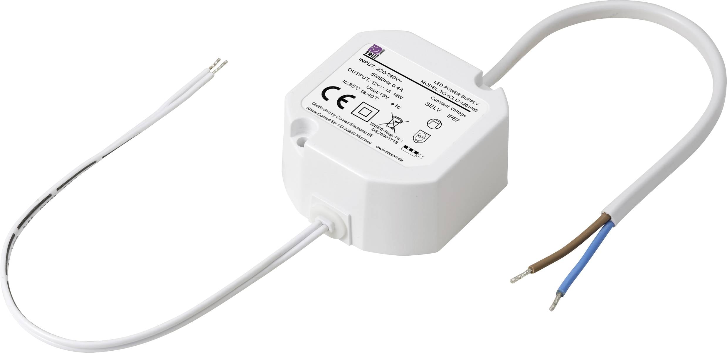 Un convertisseur électrique blanc avec deux câbles, l'un noir et blanc, l'autre marron et bleu, adapté aux applications basse tension.