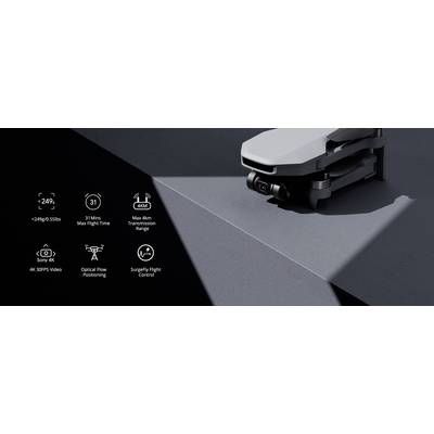 Un drone gris avec caméra sur un fond géométrique. À gauche se trouvent des symboles et des spécifications : moins de 249g, vidéo 4K, 31 min de temps de vol, portée de 10 km.