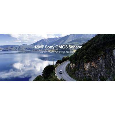 Rue de montagne entourée d'arbres et d'un lac. Inscription : '12MP Capteur Sony CMOS. Capturez des vidéos 4K/30 IPS comme vous le souhaitez'.