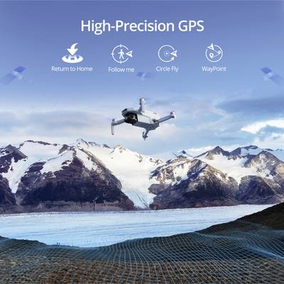 Un drone survole des montagnes enneigées. Au-dessus, le mot 'GPS Haute Précision' et des symboles pour 'Retour à la base', 'Me suivre', 'Vol circulaire', 'Point de passage'.