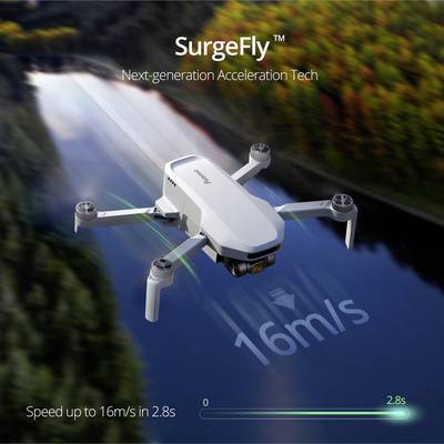 Drone volant au-dessus d'un paysage fluvial, promu comme le 'SurgeFly' pour la prochaine génération de technologie d'accélération, vitesse de 16 m/s en 2,8 secondes.