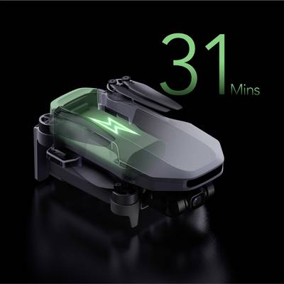 Un drone avec un boîtier transparent révèle ses composants internes, dont un symbole de batterie lumineux ; à côté est inscrit '31 Min'.