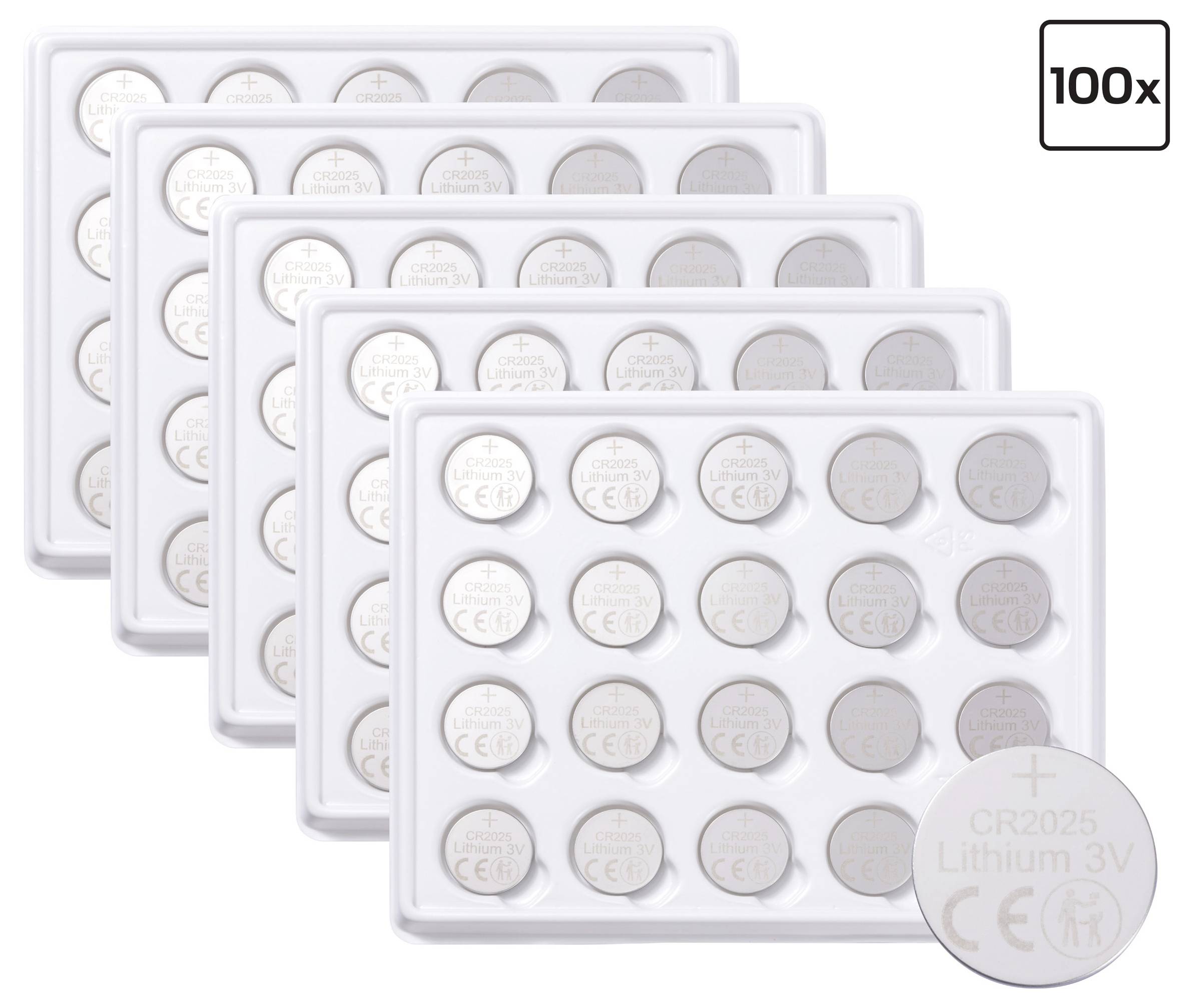 Cinq plateaux de piles bouton lithium CR2025 3V, chaque plateau contenant 20 piles, pour une quantité totale de 100 piles.