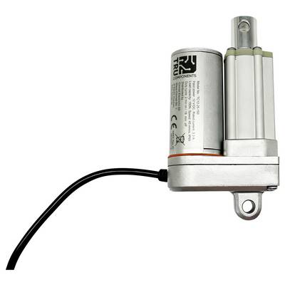 Actionneur linéaire électrique métallique avec câble noir attaché, présenté sur un fond blanc.