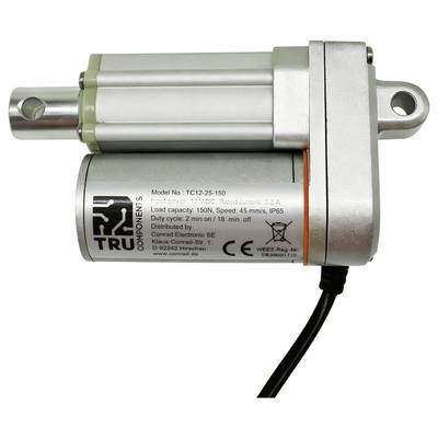 Moteur actionneur linéaire électrique argenté avec œillets de montage et câble attaché, modèle Tru Components TC12-25-150.