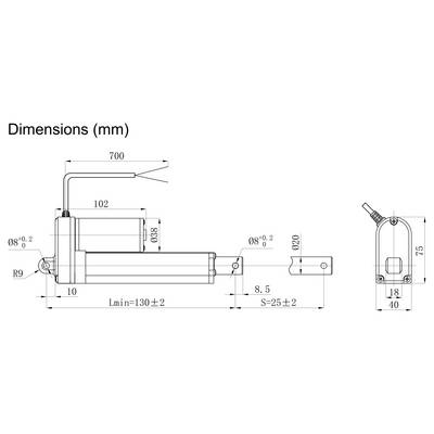 Dessin technique dimensionnel d'un dispositif cylindrique avec vues latérale et frontale, montrant les mesures en millimètres, y compris une longueur de 700, une hauteur de 102, un diamètre de 220 et les dimensions des trous de fixation.
