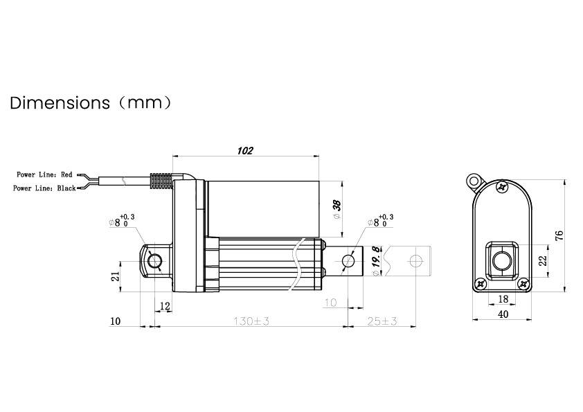 Illustration d'un dessin technique d'un moteur avec des dimensions en millimètres : Longueur 102, Largeur 40, Hauteur 76. Câbles électriques : Rouge et Noir.