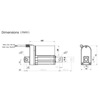 Illustration d'un dessin technique d'un moteur avec des dimensions en millimètres : Longueur 102, Largeur 40, Hauteur 76. Câbles électriques : Rouge et Noir.