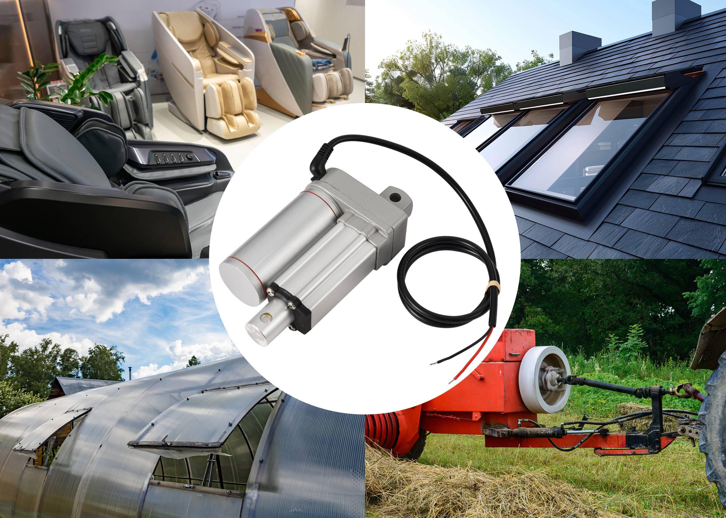 Une collage présente des appareils de massage, un dispositif pour machines agricoles et des installations solaires, qui fonctionnent tous avec des actionneurs linéaires.