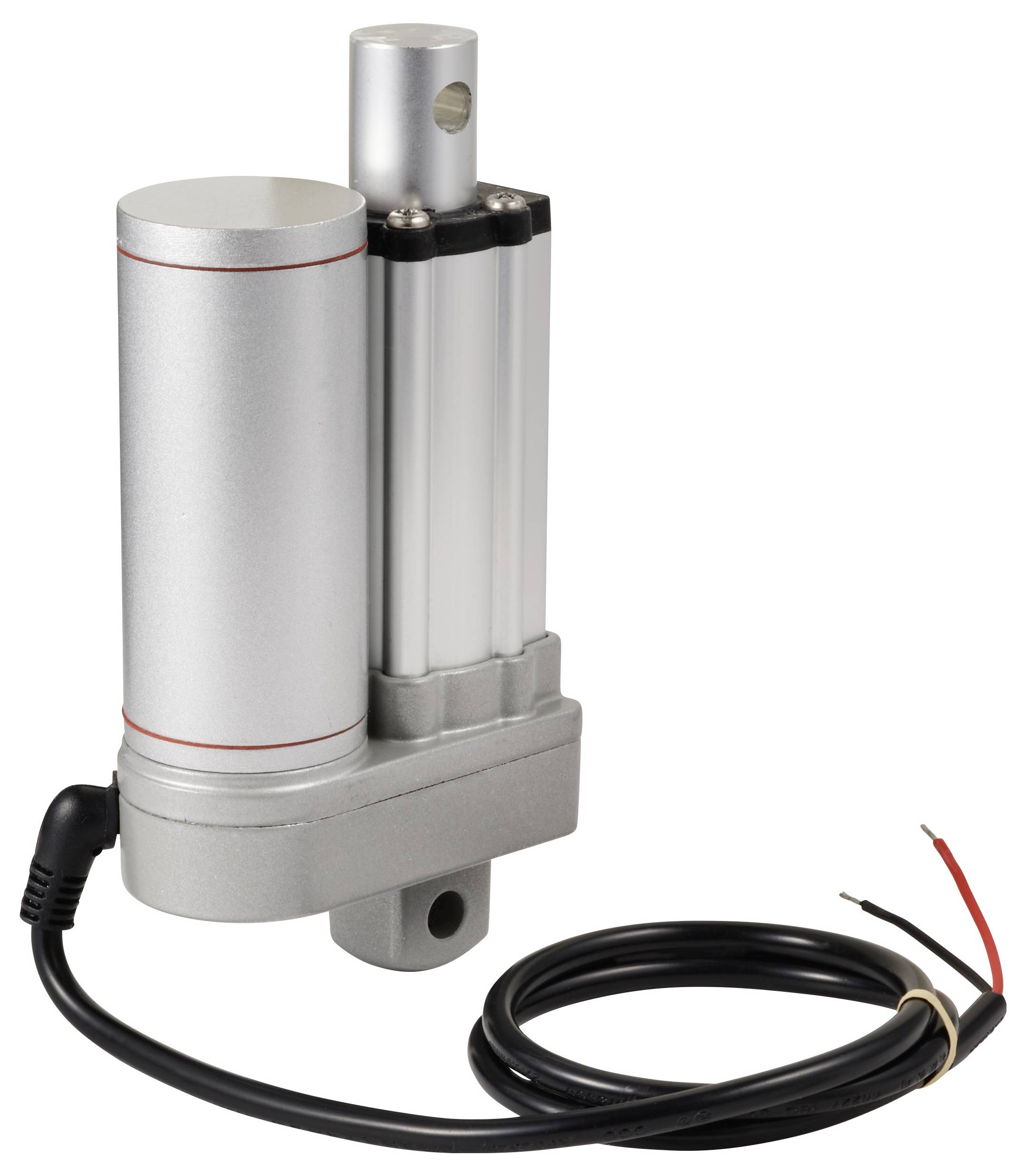 Actionneur linéaire de couleur argent avec connexion par câble, adapté aux applications mécaniques ou aux commandes de mouvement précises.