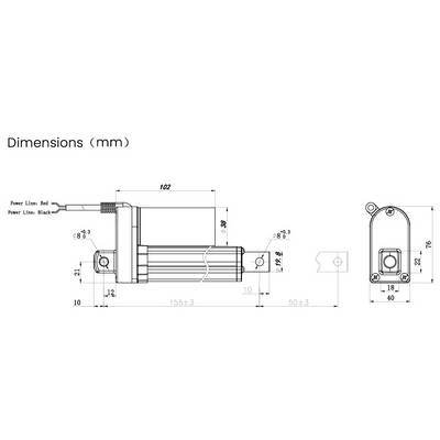 Dessin technique d'un moteur linéaire avec dimensions en millimètres. Largeur : 102 mm, longueur totale : 155 mm, marquages de longueur.